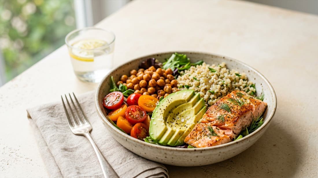 A quinoa and salmon bowl photographed with the dyllo app