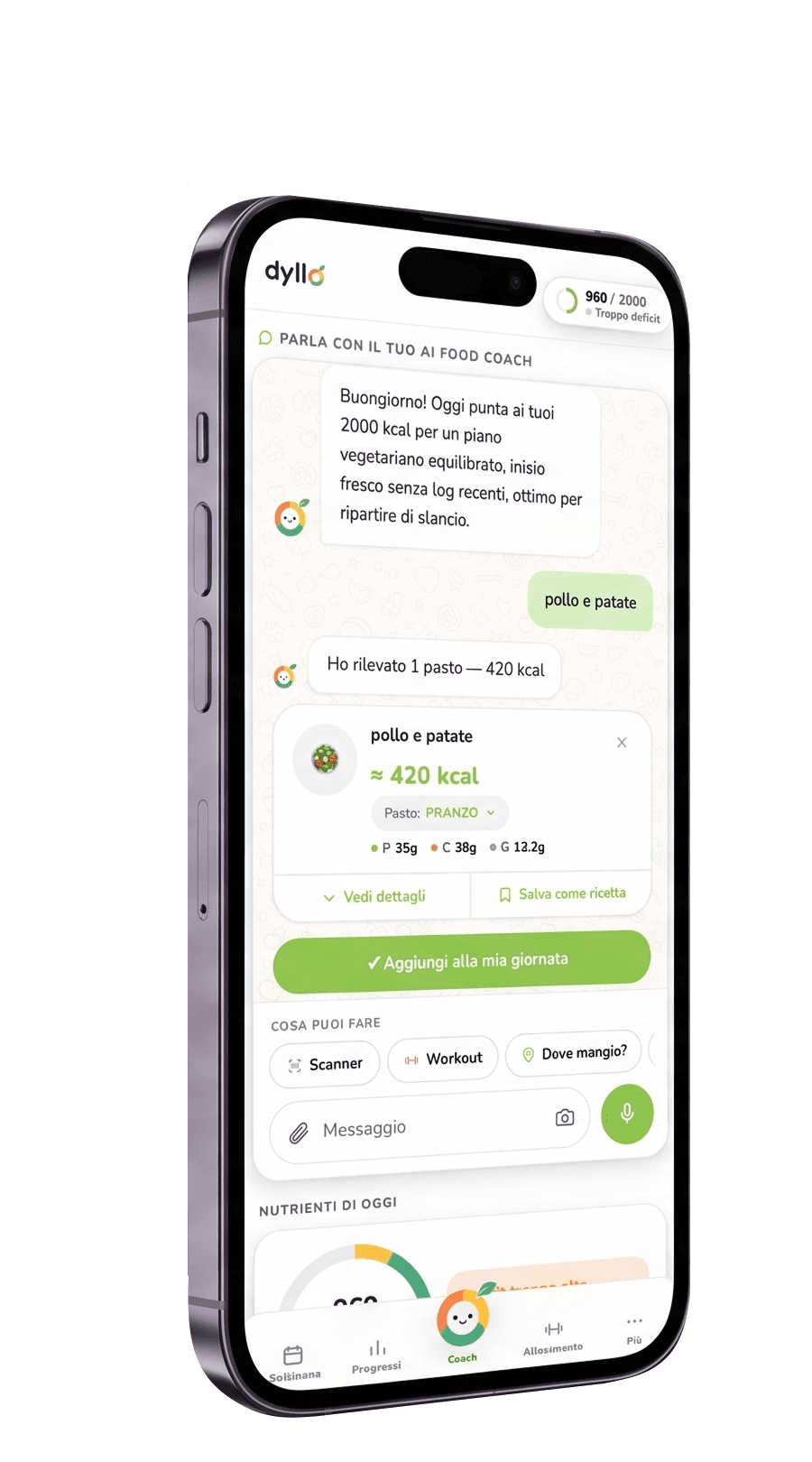 The dyllo app: the AI coach recognizes “chicken and potatoes” and logs it