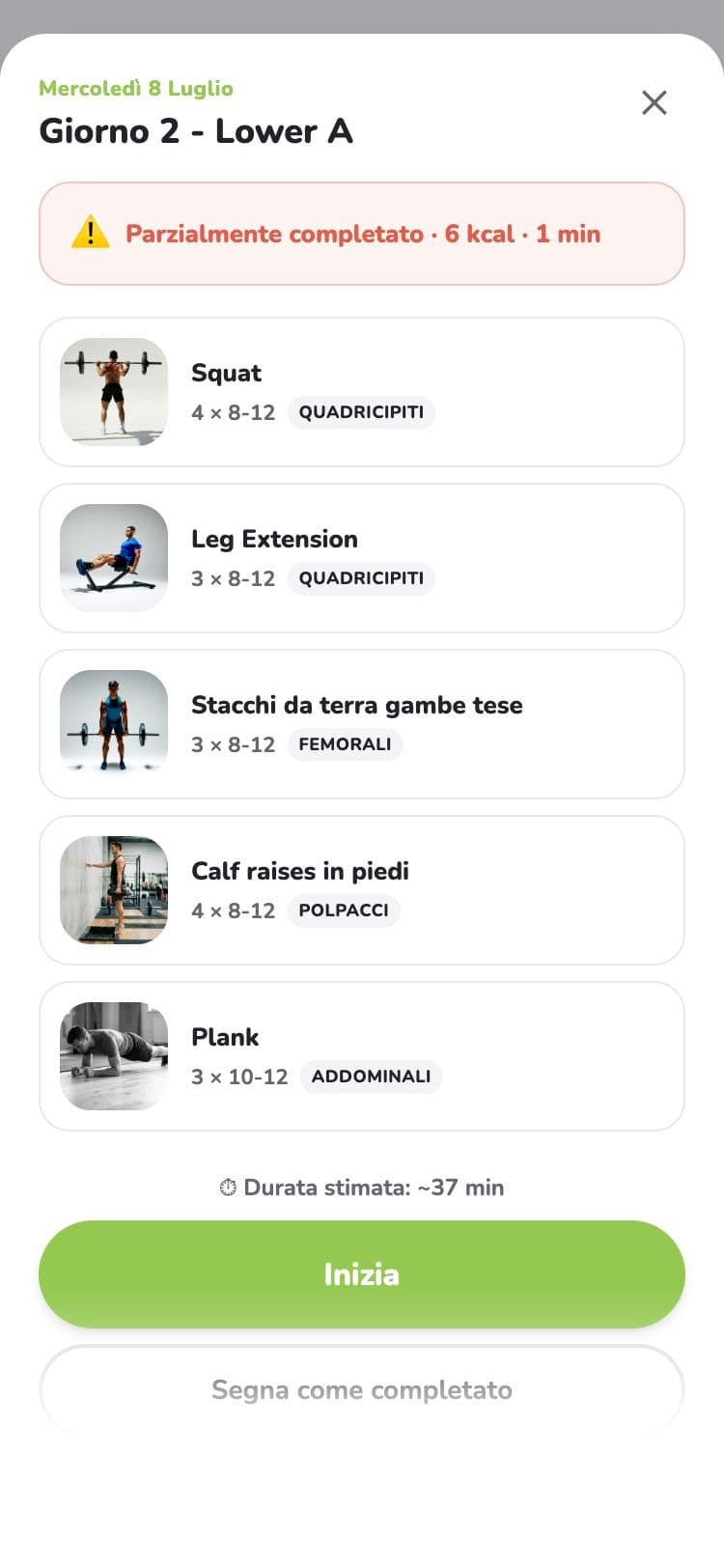 The training-day page with its exercises