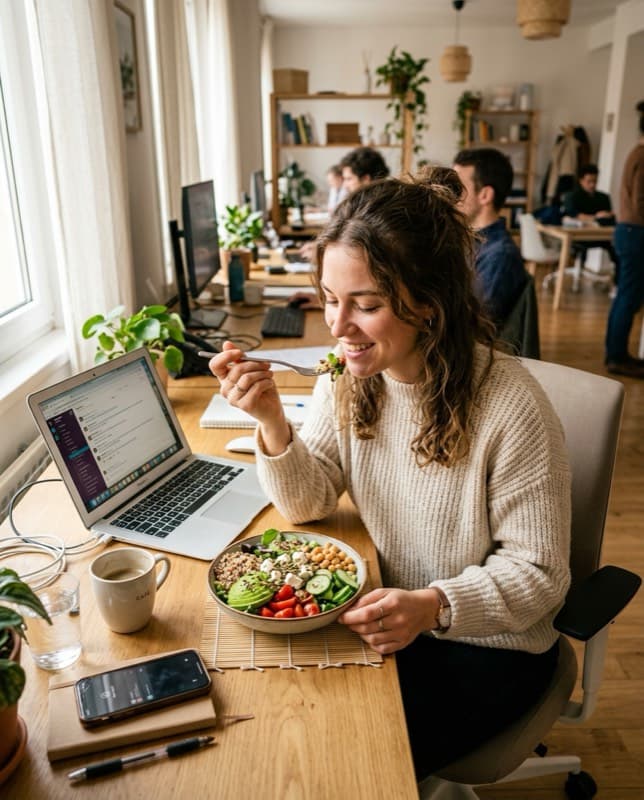 Giulia logs her bowl at her desk on lunch break