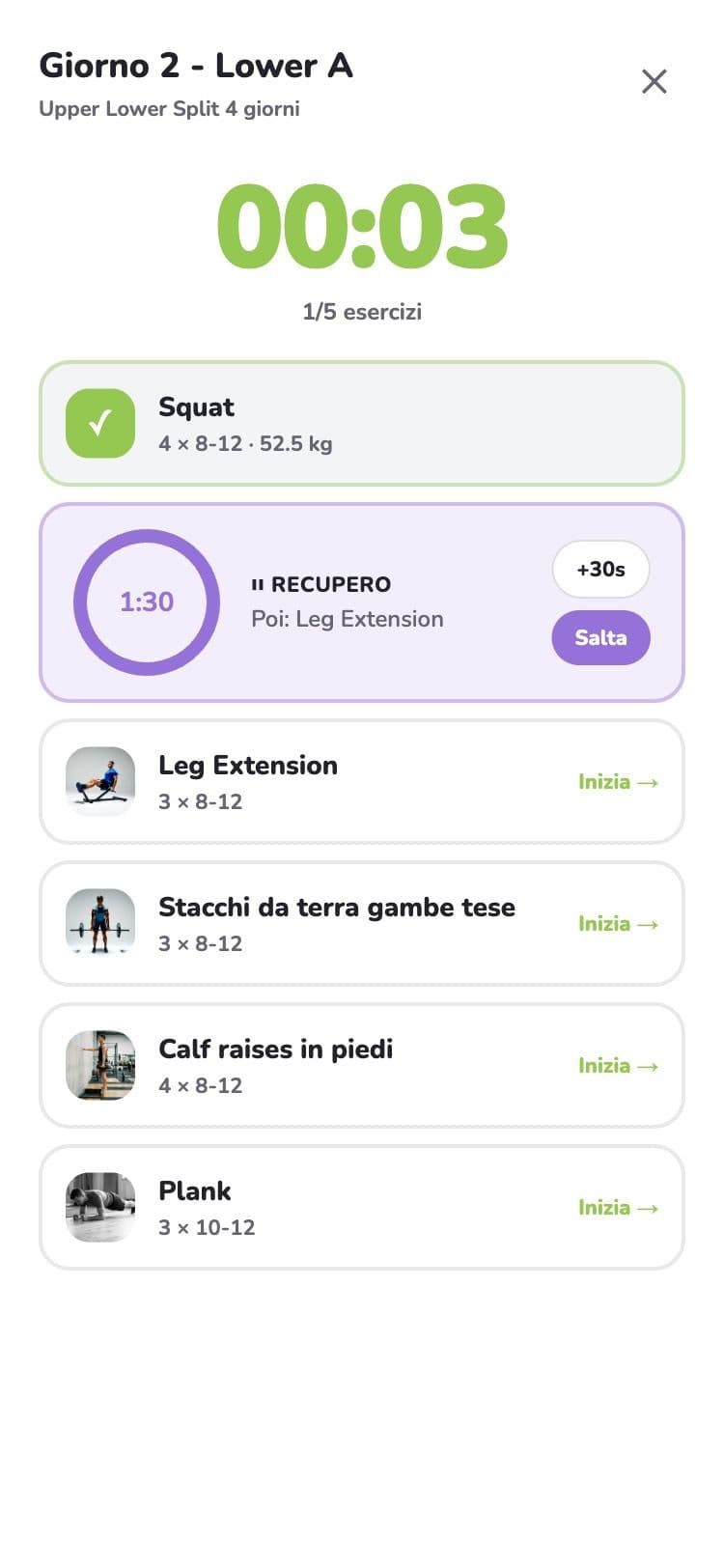 A guided session mid-workout, with the rest timer